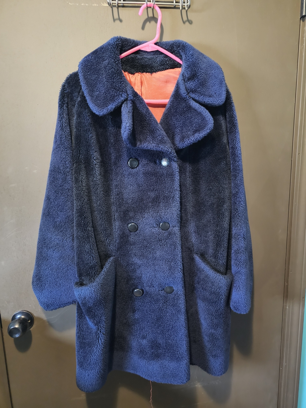 Vintage Women's Navy Faux Fur Double-Breasted Pea Coat